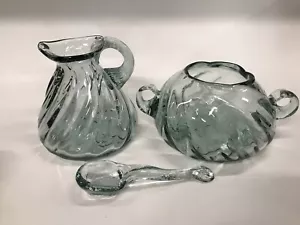 Hand Blown Glass Creamer and Sugar Bowl Set With Spoon Hand Made - Picture 1 of 22