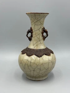 Antique 18th c Chinese Double ears Crackled glaze Porcelain Vase 8 1/4 " - Picture 1 of 10
