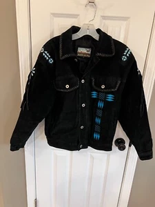 ADLER Men's Black Turquoise Aztec Tribal Fringe Suede Biker Jacket Size S - Picture 1 of 3