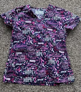 Women's Medium Pink Ribbon Hope Courage Med Couture Scrub Top - Picture 1 of 1