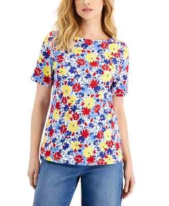 Charter Club (A23-53*) Cotton Boat-Neck Top Blue Combo Sz L - Picture 1 of 1