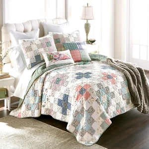Donna Sharp April Patch Cotton Pieced 5- Pc Queen Quilt Set Floral Plaid Country - Picture 1 of 7
