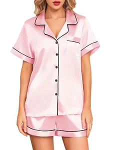 Silk Pajamas Women's Short Sleeve Sleepwear Button Down Pjs Set Satin 2 Piece... - Picture 1 of 6