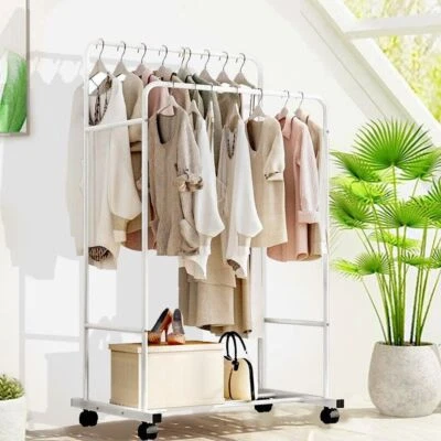 Kleiderständer Kleiderwagen Garderobenständer mit 2 Kleiderstange Metall Rollbar - Bild 1 von 4