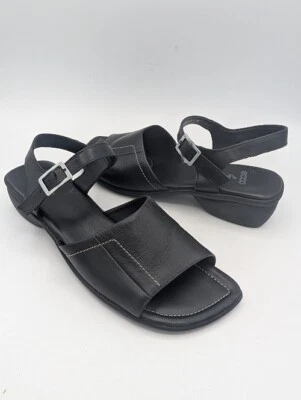 Ecco 黑色皮革楔形踝扣露趾凉鞋女式 6 经典舒适 — 第 1/4 张图片