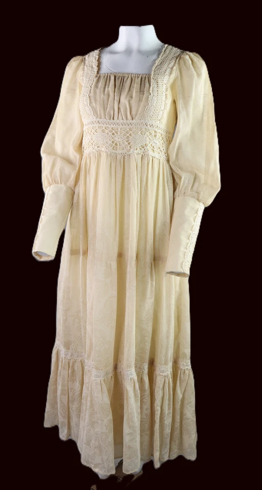 Vestido longo maxi pradaria vintage anos 70 GUNNE SAX tamanho S 4 6 (Jrs 9) algodão voile renda - Imagem 1 de 4