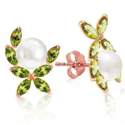 14K Solid Rose Gold Stud Earrings with Natural Peridots & pearls - Image 1 of 4