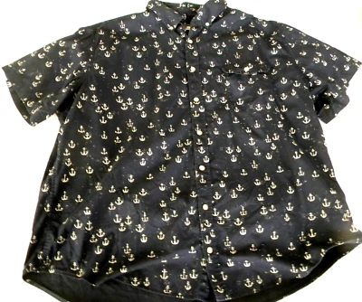 Merona Mens XXL Navy Blue w/ White Ship Anchors Button Up Short Sleeve, Nautical - Image 1 of 3