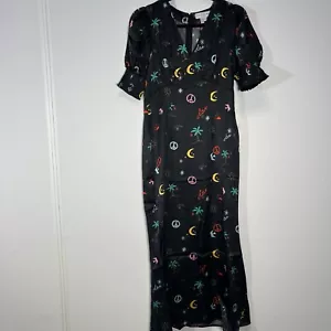 Never Fully Dressed Size 10 Petite Black Satin Midi Dress Peace Love Print BNWT - Picture 1 of 20