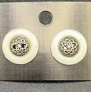 Earrings White Pearl Plastic and Metal Button With Silver Plated Posts - Picture 1 of 5