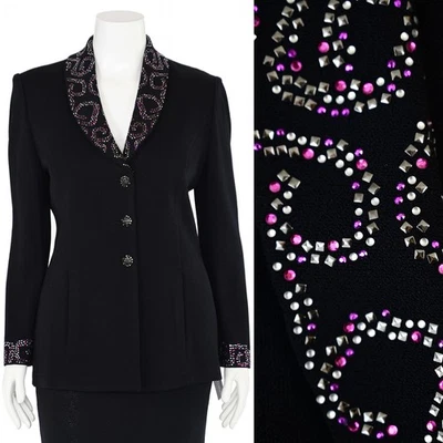 Chaqueta tejida Santana negra de noche St. John con ribete de cristal rosa y plateado talla 12 Foto 1 de 4