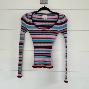 Cinq A Sept Women’s Small Striped Ribbed Lettuce Hem Longsleeve Top - Picture 1 of 4