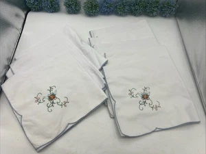 VTG SET/9 WHITE 100%cotton NAPKINS w/"Mach Emb BLUE border & BUTERFLY on corner" - Picture 1 of 8