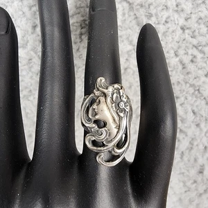 Sterling Silver 925 Art Nouveau Lady Face Ring Floral Filigree Size 5 Vintage - Picture 1 of 7