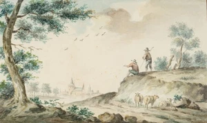J. ALEN (1651-1690), Hirten nahe einer Ortschaft, Aquarell Barock Landschaft - Picture 1 of 5