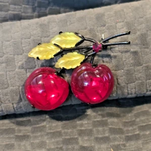 Vintage Austria Red Glass Cherry Frosted Glass Leaves Japaned Brooch Pin - Picture 1 of 7