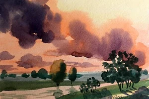 Watercolor Painting Sunset Gramm S. Unframed Original Home Decor Art nAAA2666 - Picture 1 of 13