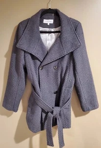 Women's Calvin Klein Gray Knit Tie Waist Button Down Pea Coat, Size L - Picture 1 of 8