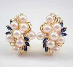 3Ct Round Cut Genuine White Pearl Cluster Stud Earrings 14K Yellow Gold Plated - Picture 1 of 6