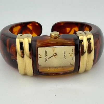 Gossip Quartz Watch Women Gold Tone Brown Plastic Cuff Bangle Analog New Battery - Image 1 of 4