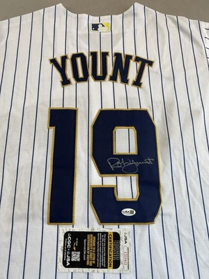 MILWAUKEE BREWERS- ROBIN YOUNT AUTOGRAPH NIKE PINSTRIPE JERSEY JSA COA CI33413 - Image 1 of 4