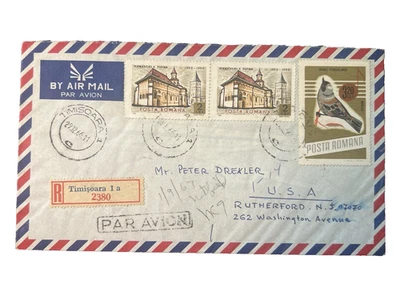 Rumania 1966 Cubierta de correo aéreo registrado a EE. UU. - Pájaros + Estampillas de los Juegos Olímpicos Foto 1 de 2
