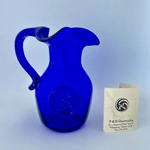 P&B Glassworks Williamsburg Cobalt Blue Pitcher Ruffled Top Applied Pineapple - Picture 1 of 12