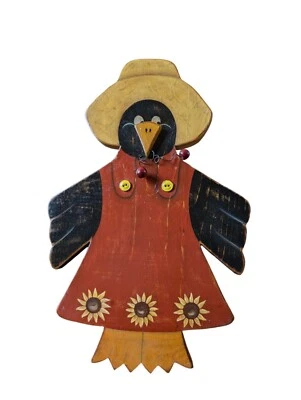 Vintage Folk Art Crow Magpie Sunflower Hand Painted Wood Wall Art Plaque 15" - Image 1 of 4