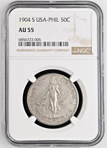 MONEDA 50 CENTAVOS PLATA FILIPINAS ESTADOS UNIDOS NGC AU 55 1904 S - Imagen 1 de 2