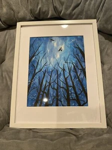 Aquarellmalerei auf Papier im Rahmen mit Passepartout, Nacht, Wald, Vögel, - Bild 1 von 9