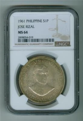 PHILIPPINE 1961 ONE PESO JOSE RIZAL NGC MS-64 CHOICE BU WITH NICE TONING - Image 1 of 2