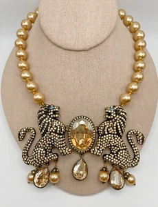 HEIDI DAUS "Lion Royalty" Beaded Crystal Double Lion Drop Pendant Necklace - NIB - Picture 1 of 14