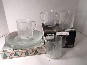 Vtg Christmas Tree Glass Mugs & Dessert Plates Duralex France Emossed Duralex - Picture 1 of 10