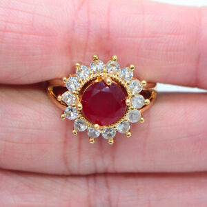 18K Yellow Gold Filled Women Red Mystic Topaz Halo Round Sun Charming Ring Gifts