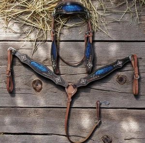 ¡Nuevo Western Saddle Horse Bling! Juego de tachuelas de cuero turquesa brida + cuello de pecho - Imagen 1 de 3