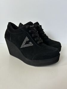 Volatile Black Suede Platform Wedge Women’s 8 Leather Shoes Bedazzled Logo