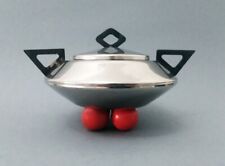 Postmodern designer lidded nickel plated sugar bowl on 4 red sphere legs, 1980s