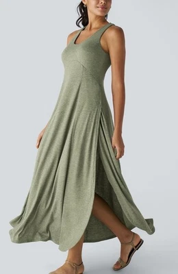 Vestido Halara Cuello en U Sin Mangas Elástico Fluido Maxi Verde Atletismo Lagenlook M Foto 1 de 4