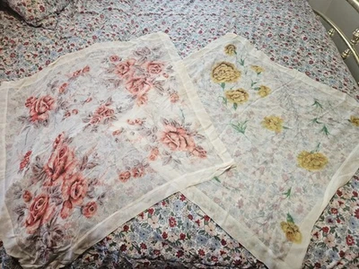Vintage 50's Hair Head Kerchief Sheer Chiffon Floral Roses 29.5" - Image 1 of 4
