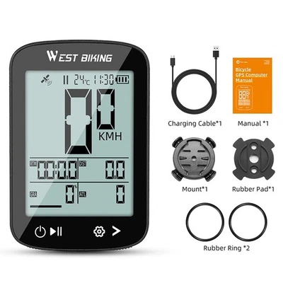 WEST BIKING Cycle GPS Computer Type-C Waterproof Wireless Bike Speedometer Black - Image 1 of 4