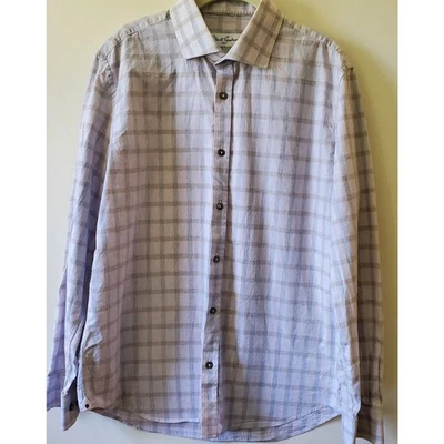 Robert Graham Mens 16.5 42 Dress Shirt L Soft Gray & Tan Plaid 100% Cotton - Image 1 of 4