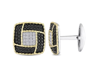 Lustrous Sterling Silver Deep Black Onyx With Bright White CZ Cushion Cufflinks - Picture 1 of 5