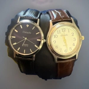 2 Vintage Details Diamant Quarz, Quarz minimalistisch schwarz, braune Lederbänder - Bild 1 von 13