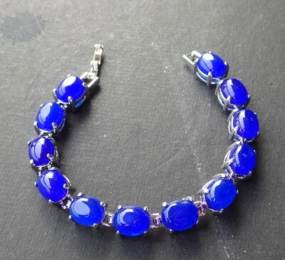 Brazalete Brazalete Moda Genuino Azul Jade Cabujón Cuentas Ovaladas 18KGP Cierre de Eslabones Foto 1 de 4