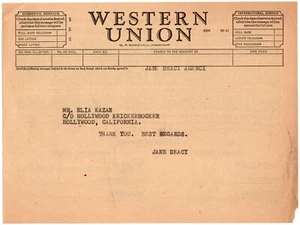 Telegram James Dean's Agent Thanking Elia Kazan for Hiring Dean in East of Eden - Picture 1 of 1