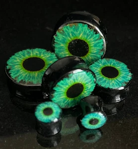 PAIR Blue Eyeball Plugs Eye Ball Logo Double Flare Saddle Guages Gauges - Picture 1 of 5