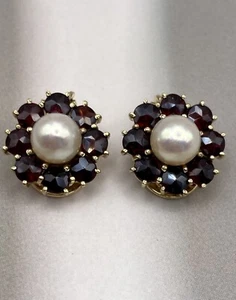 8 Karat 333 Gold Ohrringe Clips Granat Steine Perlen Granatschmuck Blume Schmuck - Bild 1 von 7