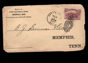 Greenville MS SMALL TOWN 1st National Bank 2c Columbian Fancy Cancel Cover 2d - Picture 1 of 3