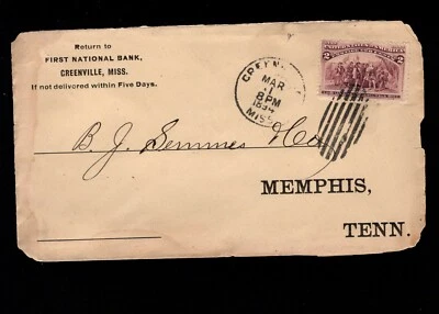 Greenville MS SMALL TOWN 1st National Bank 2c Columbian Fancy Cancel Cover 2d - Image 1 of 3