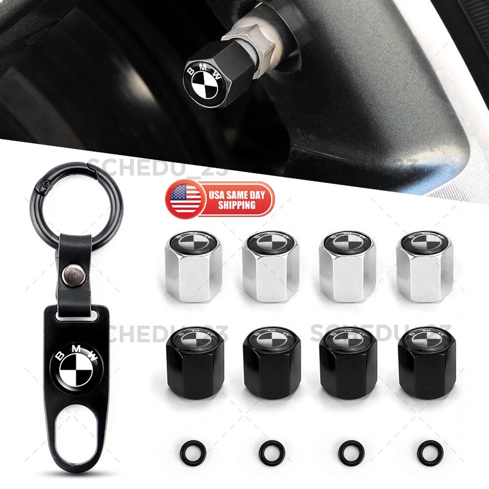 4x Universal Negro Blanco Rueda Neumático Válvula Polvo Vástago Tapa Aire Cubierta + Llavero Foto 1 de 4